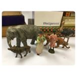 TWO COLLECTIONS OF CARVED WOODEN AND COMPOSITE ANIMALS - SOME UN-DECORATED - ELEPHANT, TIGER,