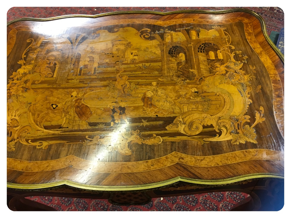 FINE MARQUETRY TABLE WITH ORMOLU MOUNTS AND WRITING DRAWER, - Image 3 of 8