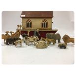EDWARDIAN HAND DECORATED NOAH'S ARK, WITH 22 PAINTED AND CARVED ANIMALS,