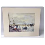 WATERCOLOUR "MAN IN ROWING BOAT" BEARING SIGNATURE COX (MOUNTED BUT UNFRAMED) 24 X 31CM.