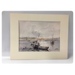 WATERCOLOUR "FISHING BOAT WITH ROWING BOAT BY SIDE BEARING SIGNATURE COX (MOUNTED BUT UNFRAMED) 24