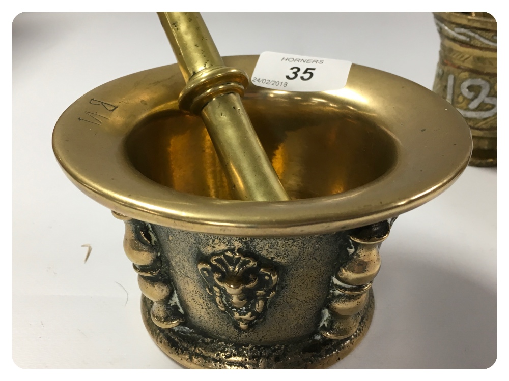 THREE ANTIQUE BRASS APOTHECARY MORTAR AND PESTLE ONE INITIALLED - Image 2 of 3