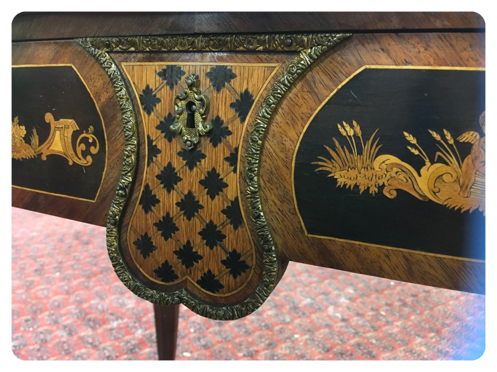 FINE MARQUETRY TABLE WITH ORMOLU MOUNTS AND WRITING DRAWER, - Image 7 of 8