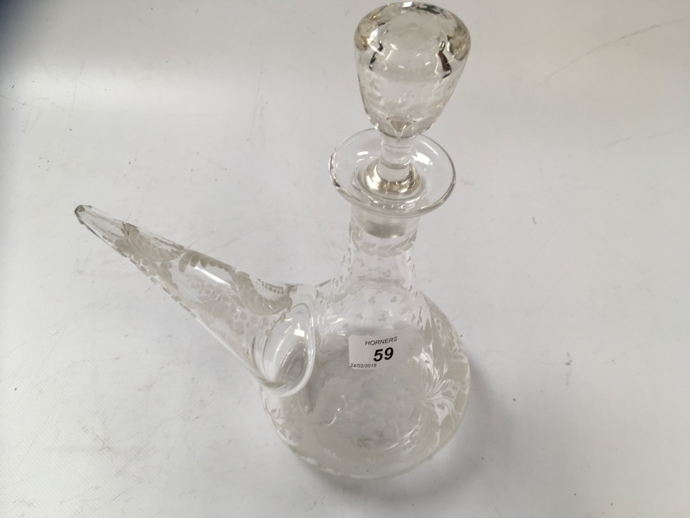 UNUSUAL ETCHED GLASS WINE SERVER OR DECANTER, 27.