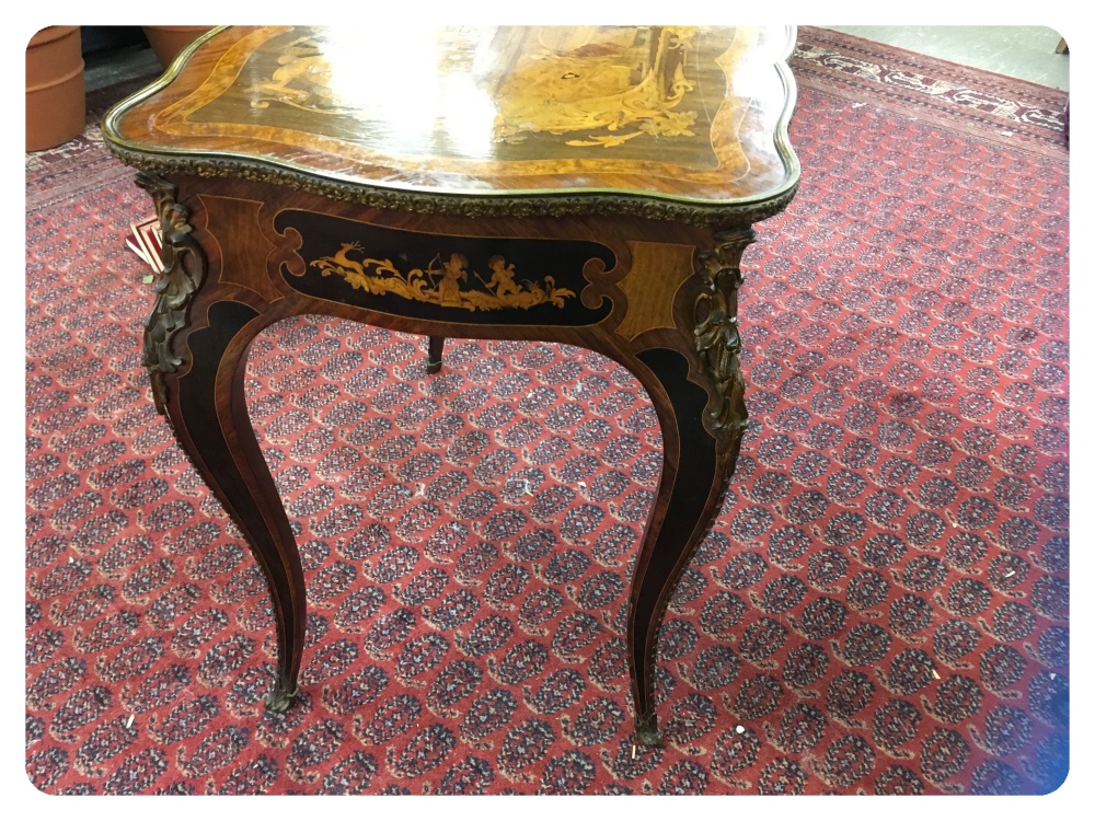 FINE MARQUETRY TABLE WITH ORMOLU MOUNTS AND WRITING DRAWER, - Image 8 of 8