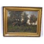 FRENCH SCHOOL C1900 OIL ON CANVAS: A WOODLAND SCENE, INDISTINCT SIGNATURE,