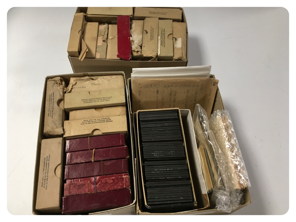 A QUANTITY OF PHOTOGRAPHIC GLASS NEGATIVES, ALSO GLASS PLATES AND NEGATIVES,