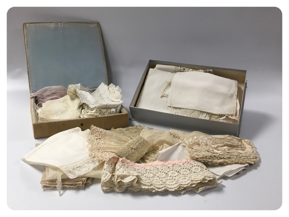 2 SMALL BOXES OF EARLY LACE WORK INCLUDING EDGING, BABIES/DOLLS VESTS, BONNETS, ETC. - Image 2 of 2