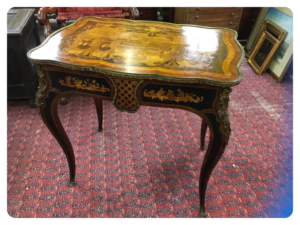 FINE MARQUETRY TABLE WITH ORMOLU MOUNTS AND WRITING DRAWER,