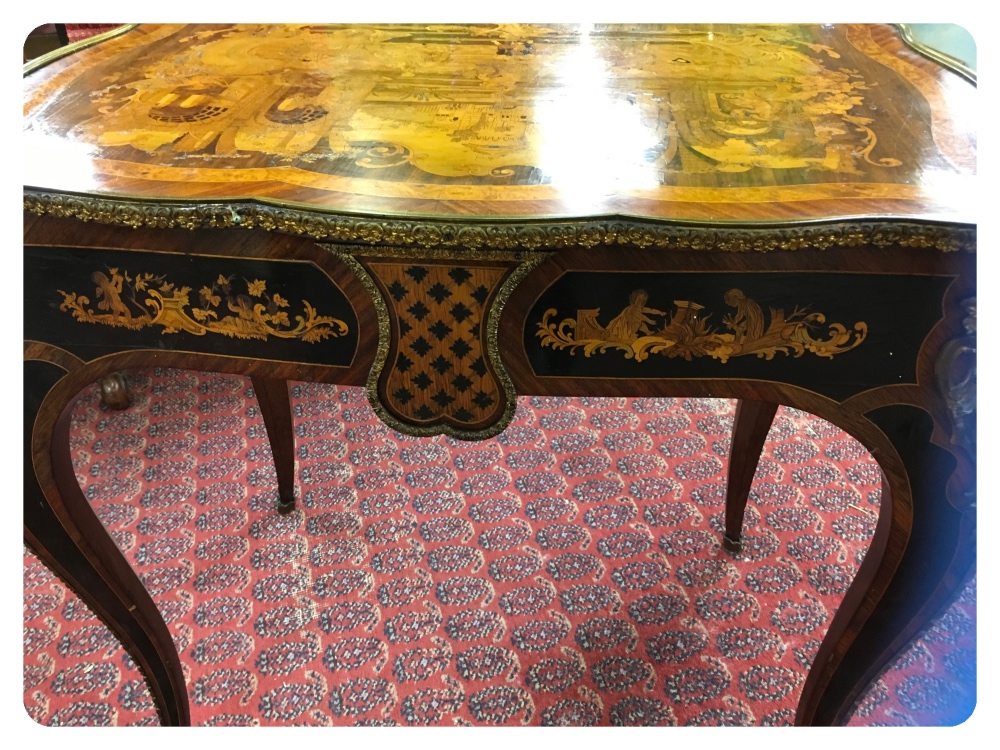 FINE MARQUETRY TABLE WITH ORMOLU MOUNTS AND WRITING DRAWER, - Image 2 of 8