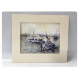 WATERCOLOUR "FISHING BOATS IN ESTUARY WITH FIGURES BEARING SIGNATURE COX (MOUNTED BUT UNFRAMED) 22