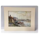 WATERCOLOUR "FISHING BOATS AT QUAYSIDE LOW TIDE BEARING SIGNATURE COX (MOUNTED BUT UNFRAMED) 25 X