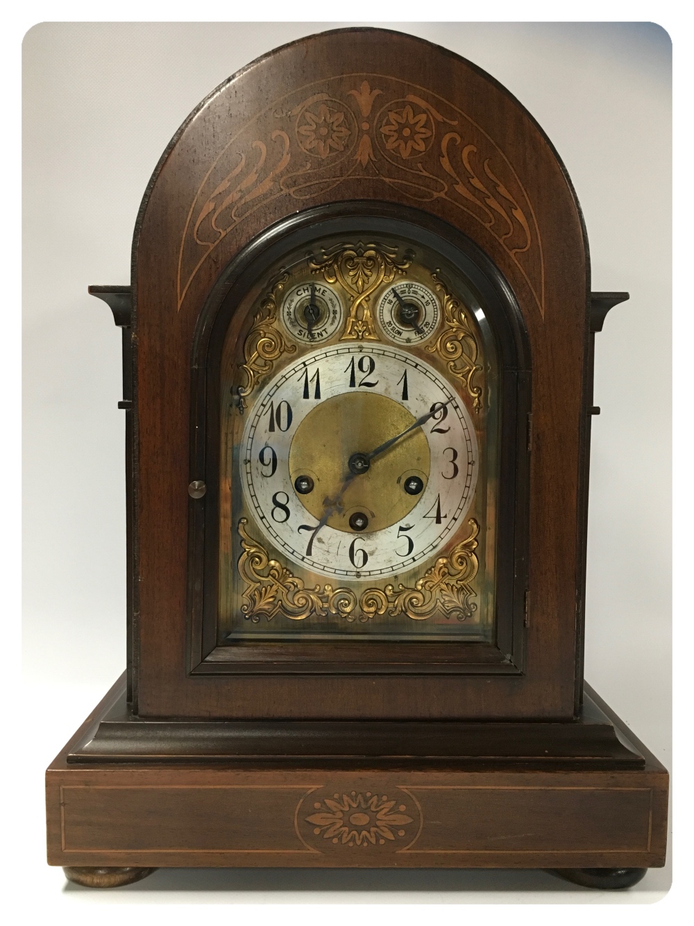 AN EDWARDIAN INLAID BRACKET CLOCK WITH JUNGANS STRIKING MOVEMENT,