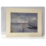 WATERCOLOUR "FISHING BOAT ON BEACH WITH FIGURE" BEARING SIGNATURE COX (MOUNTED BUT UNFRAMED) 24 X