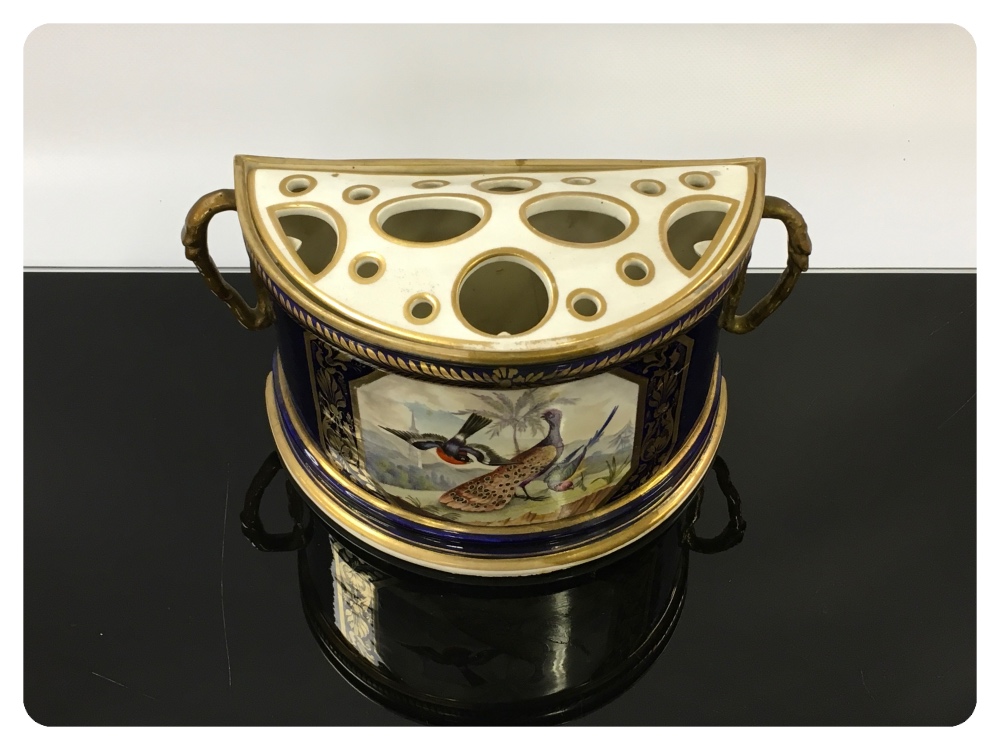 A CROWN DERBY HALF MOON ROSE BOWL PAINTED WITH EXOTIC BIRD PANEL WITHIN GILT BORDERS ON A BLUE - Image 2 of 6