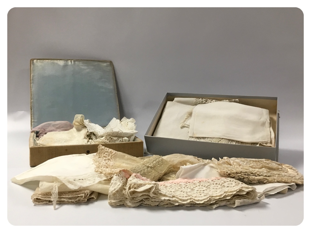 2 SMALL BOXES OF EARLY LACE WORK INCLUDING EDGING, BABIES/DOLLS VESTS, BONNETS, ETC.