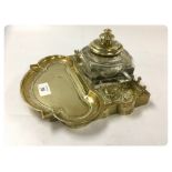 ORNATE HEAVY BRASS DESK STAND WITH GLASS INK BOTTLE