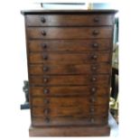 A VICTORIAN, 10 DRAWER STAINED PINE COLLECTORS CHEST WITH GLASS COVERED DRAWERS, 49 CM WIDE,