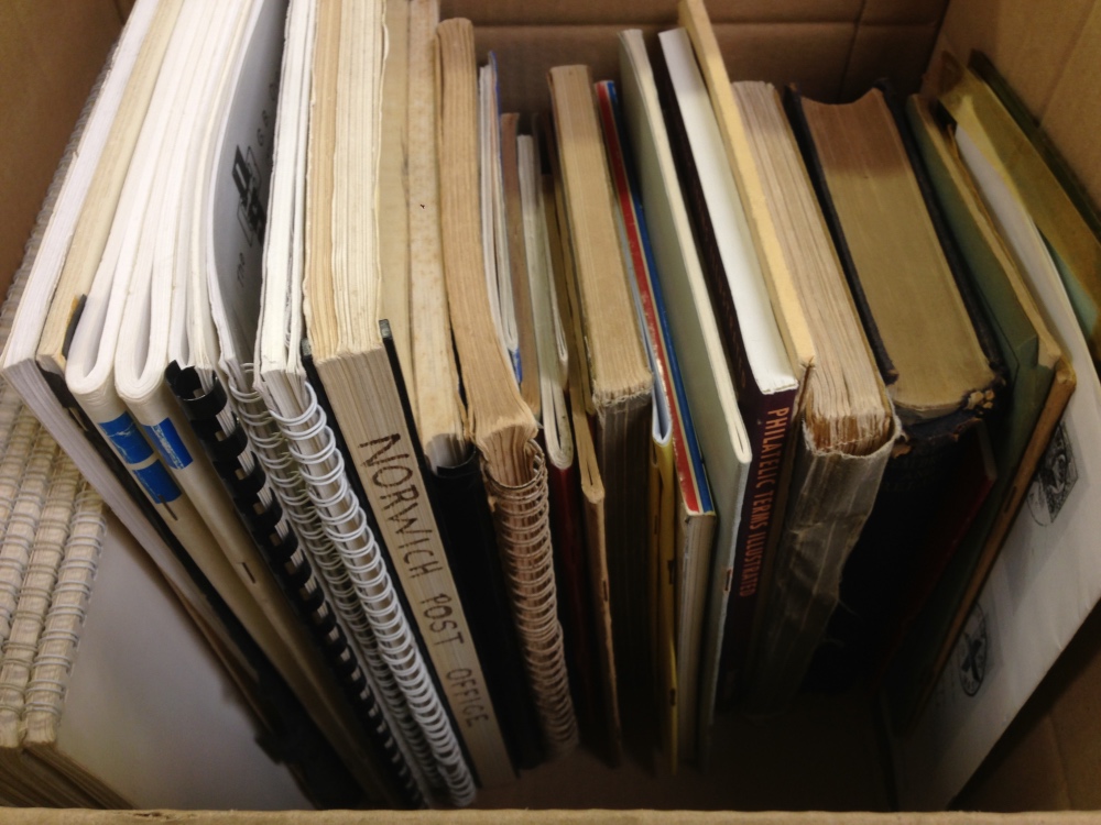 BOX OF MAINLY GB LITERATURE, WIGGINS AND TONNA PLATING OF 1d IN FIVE VOLUMES, POSTMARK INTEREST,