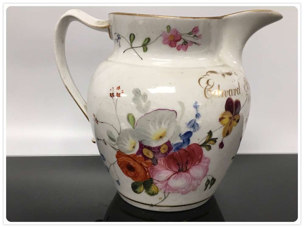 A COALPORT JUG, INSCRIBED EDWARD BARKER, SURGEON, WOORE, SALOP, 1829, PAINTED WITH FLOWERS, 17CM, - Image 3 of 3