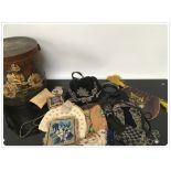 A PAINTED WOODEN LIDDED BUCKET FULL OF VICTORIAN AND OTHER BEADWORK PURSES AND BAGS, ETC.