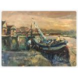 OIL ON BOARD, "FISHING BOAT AT REST IN HARBOUR" BEARING SIGNATURE COX,