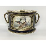 A CROWN DERBY HALF MOON ROSE BOWL PAINTED WITH EXOTIC BIRD PANEL WITHIN GILT BORDERS ON A BLUE