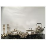 2 HEAVY PLATED TUREENS, PLATED WINE COASTER, SET OF 8 NUMBERED SERVIETTE RINGS,
