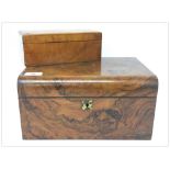 A 19TH CENTURY WALNUT WORK BOX WITH 1886 INSCRIPTION PLATE ALONG WITH A SATINWOOD CIGARETTE BOX