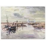 WATERCOLOUR, "BOATS IN WELLS CREEK" BEARING SIGNATURE COX,