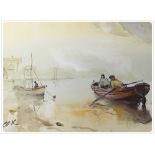 WATERCOLOUR, "ROWING BOAT WITH TWO FISHERMEN, EARLY MORNING" BEARING SIGNATURE COX,