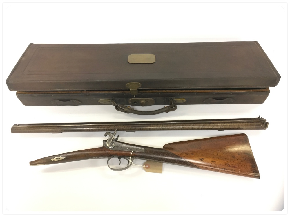 JONES AND SON ANTIQUE PERCUSSION SIDE BY SIDE SHOT GUN IN LEATHER MOTORING CASE - Image 4 of 5