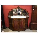 A REGENCY BURR WALNUT CREDENZA WITH MARBLE TOP COMPLETE WITH ORIGINAL MIRRORED UP-STAND,