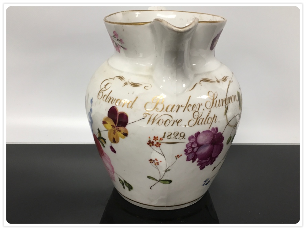 A COALPORT JUG, INSCRIBED EDWARD BARKER, SURGEON, WOORE, SALOP, 1829, PAINTED WITH FLOWERS, 17CM,