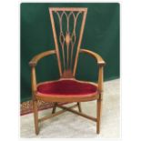 ARTS AND CRAFTS STYLE KIDNEY SEAT CARVER CHAIR WITH ANGULAR SLATED BACK DECORATED WITH BOXWOOD