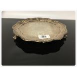 VICTORIAN CHASED SILVER SALVER ON A BALL AND CLAW FOOT LONDON ASSAY BY J.B.
