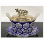 AN ETCHED BLUE CREAM BASIN WITH SILVER COVER, THE FINIAL IN THE FORM OF A COW,