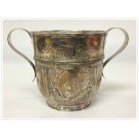 A SILVER TWO HANDLED CHRISTENING CUP, INDISTINCT HALL MARKS.