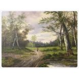 OIL: 'FIGURE ON A WOODLAND PATH' BEARING SIGNATURE S.