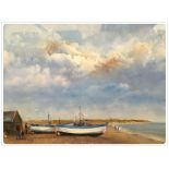 OIL ON BOARD, "CRAB BOATS NORFOLK " BEARING SIGNATURE, JAMES ALLEN,