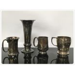 THREE SMALL SILVER CHRISTENING SIZE TANKARDS ALONG WITH SINGLE SILVER TRUMPET VASE