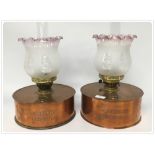 PAIR OF COPPER OIL LAMPS WITH MATCHING ETCHED GLASS SHADES BEARING MAKERS MARK P.J.