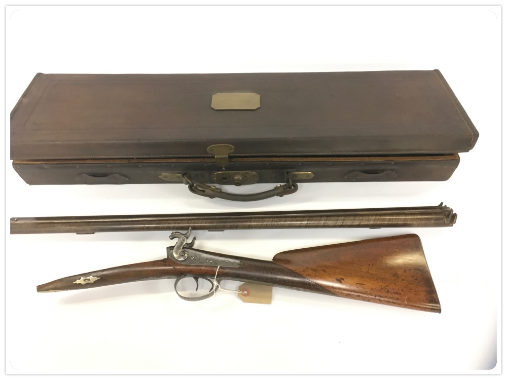 JONES AND SON ANTIQUE PERCUSSION SIDE BY SIDE SHOT GUN IN LEATHER MOTORING CASE - Image 3 of 5