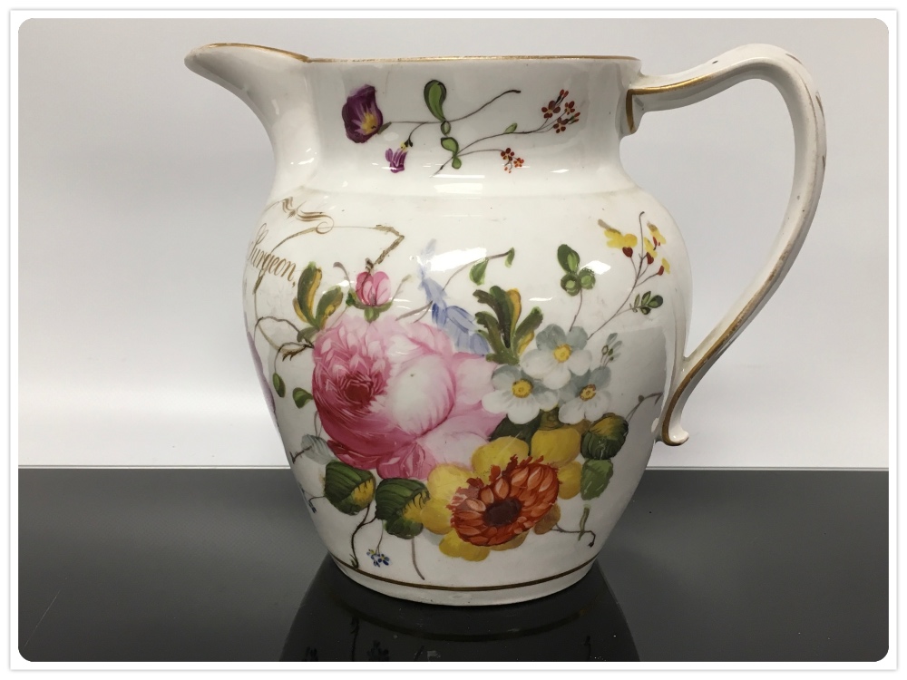 A COALPORT JUG, INSCRIBED EDWARD BARKER, SURGEON, WOORE, SALOP, 1829, PAINTED WITH FLOWERS, 17CM, - Image 2 of 3