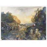 MIXED MEDIA "TWO FIGURES ON A BRIDGE" BEARING SIGNATURE COX,