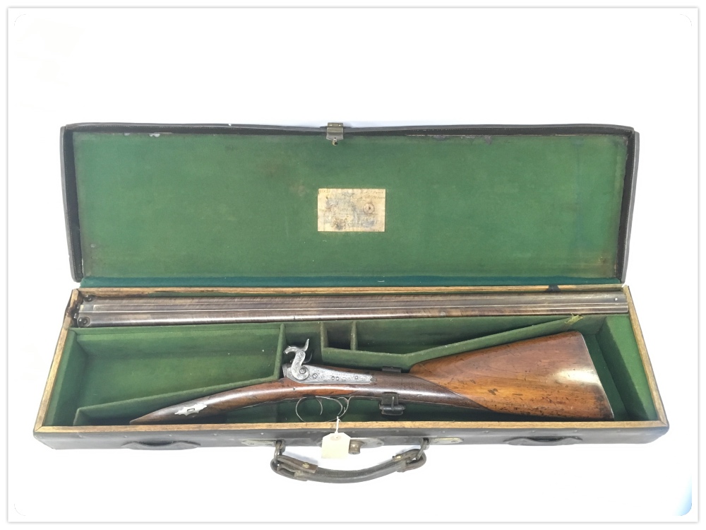 JONES AND SON ANTIQUE PERCUSSION SIDE BY SIDE SHOT GUN IN LEATHER MOTORING CASE