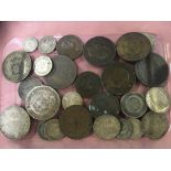 TUB OF OLDER FOREIGN COINS, SEVERAL SILV