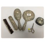 FOUR PIECE SILVER BACKED BRUSH AND MIRRO