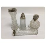 FOUR CUT GLASS CRYSTAL PIECES WITH SILVE