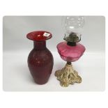 A FINE CRANBERRY GLASS VASE WITH "CRACKL